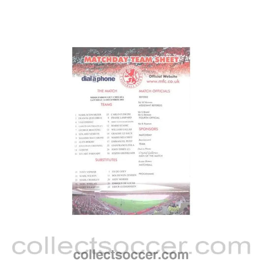 2002 - Middlesbrough v Chelsea official colour teamsheet 14/12/2002 Premier League