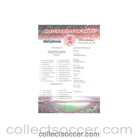 2002 - Middlesbrough v Chelsea official colour teamsheet 14/12/2002 Premier League half price