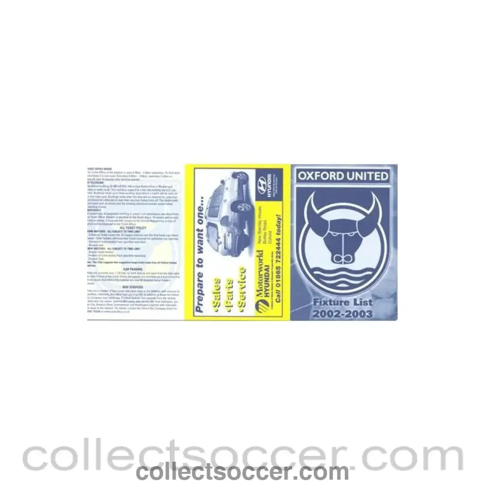2002 - Oxford United Fixtures 2002-2003