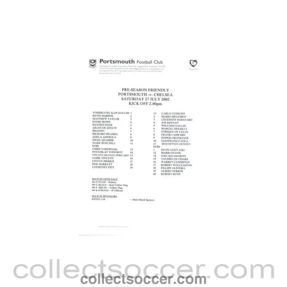 2002 - Portsmouth v Chelsea official teamsheet 27/07/2002 Pre - Season Friendly - Collect Soccer