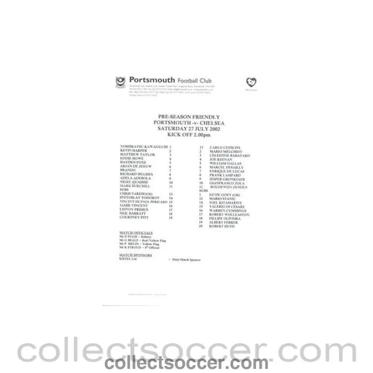 2002 - Portsmouth v Chelsea official teamsheet 27/07/2002 Pre - Season Friendly - Collect Soccer