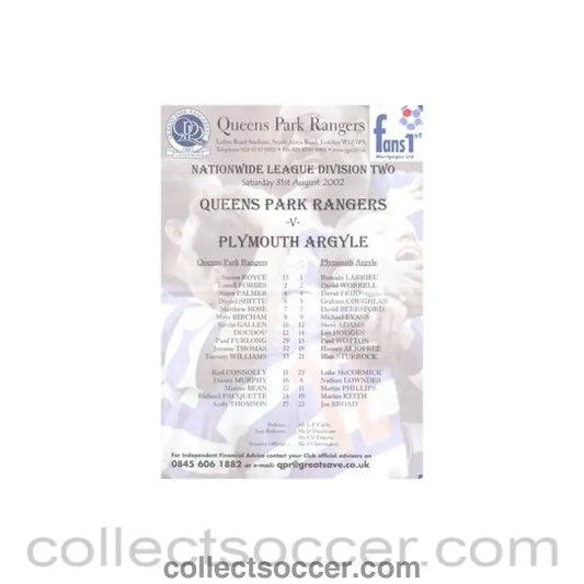 2002 - Queen’s Park Rangers v Plymouth Argyle official colour teamsheet 31/08/2002 Football League