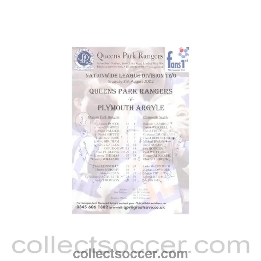 2002 - Queen's Park Rangers v Plymouth Argyle official colour teamsheet 31/08/2002 Football League, some notes on the game in pen - Collect Soccer