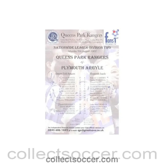 2002 - Queen’s Park Rangers v Plymouth Argyle official colour teamsheet 31/08/2002 Football League some notes on the