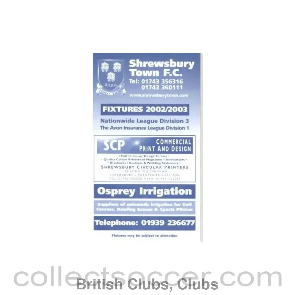 2002 - Shrewsbury Town Fixtures 2002-2003