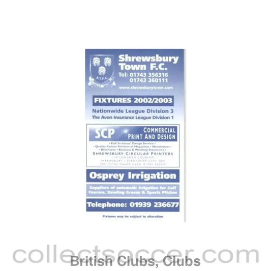 2002 - Shrewsbury Town Fixtures 2002-2003