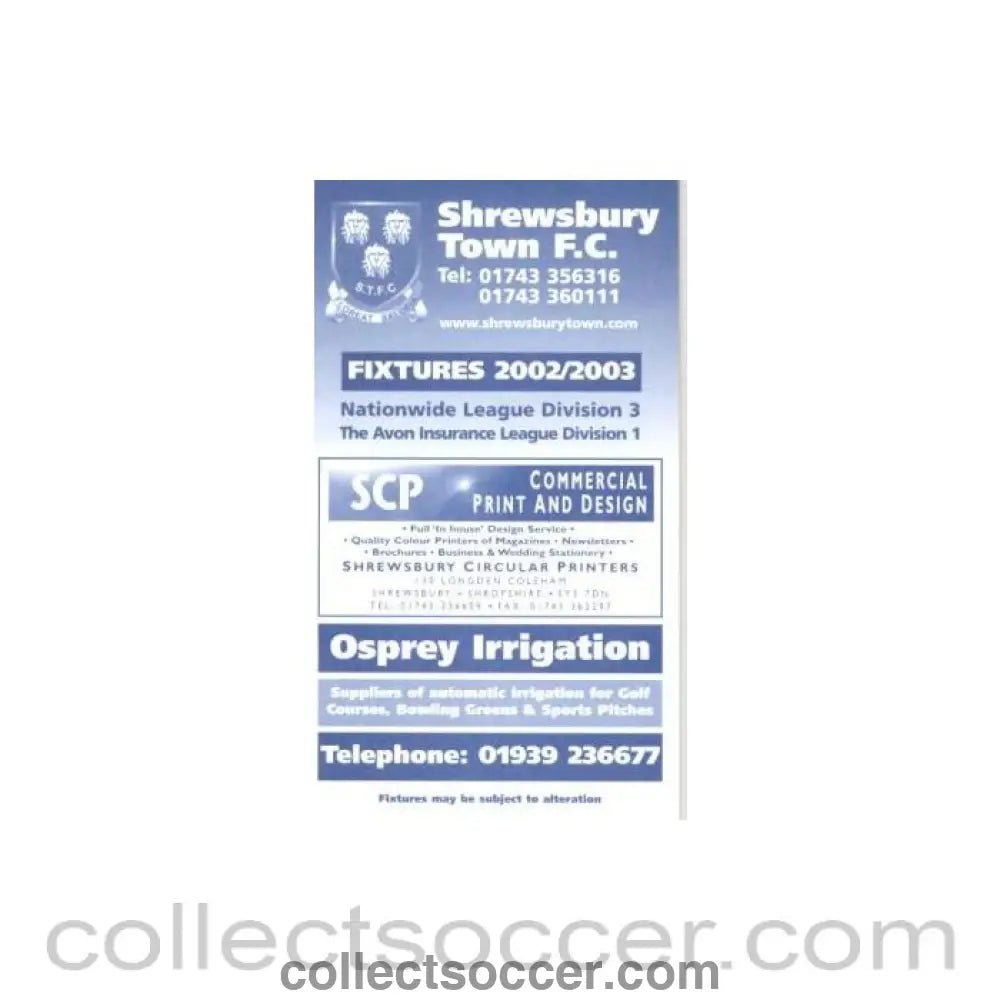 2002 - Shrewsbury Town Fixtures 2002-2003 - Collect Soccer