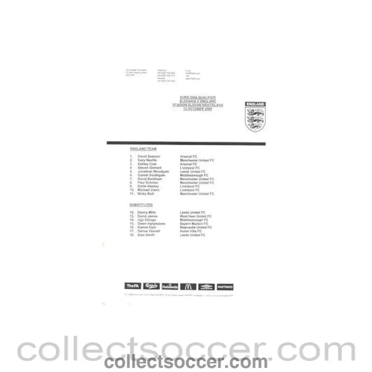 2002 - Slovakia v England teamsheet 12/10/2002 - Collect Soccer