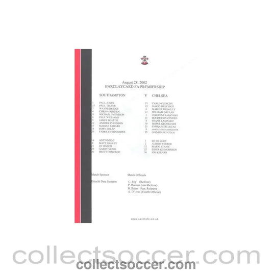 2002 - Southampton v Chelsea official colour teamsheet 28/08/2002 Premier League