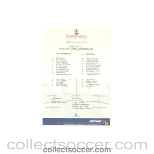 2002 - Southampton v Chelsea official colour teamsheet 28/08/2002 Premier League
