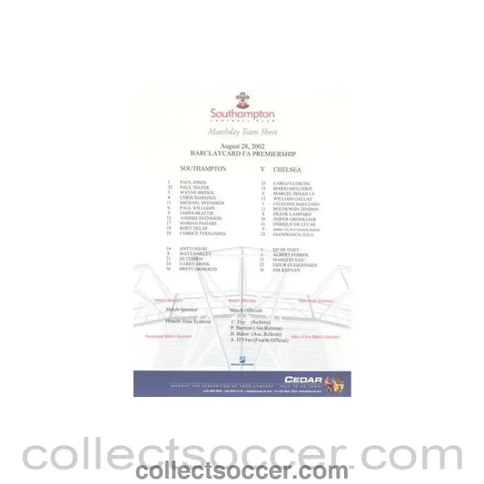 2002 - Southampton v Chelsea official colour teamsheet 28/08/2002 Premier League