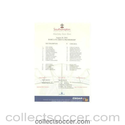 2002 - Southampton v Chelsea official colour teamsheet 28/08/2002 Premier League - Collect Soccer
