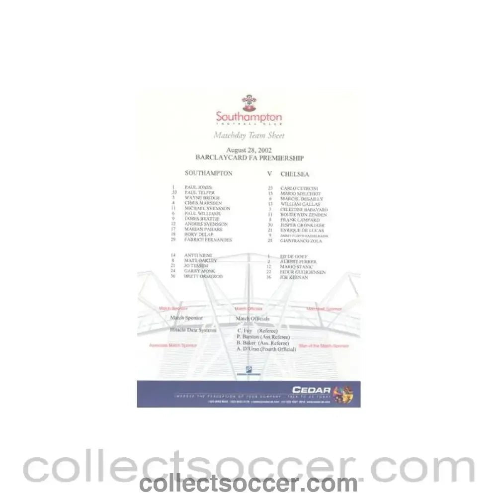 2002 - Southampton v Chelsea official colour teamsheet 28/08/2002 Premier League - Collect Soccer