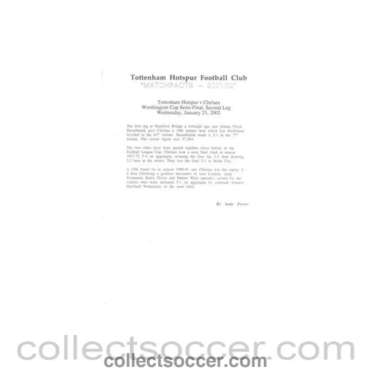 2002 - Tottenham Hotspur v Chelsea 23/01/2002 Worthington Cup Semi - Final match facts for the media - Collect Soccer