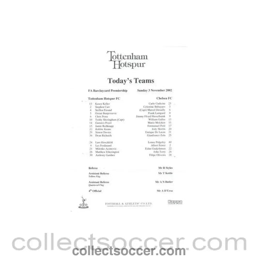 2002 - Tottenham Hotspur v Chelsea official teamsheet 03/11/2002 Premier League - Collect Soccer