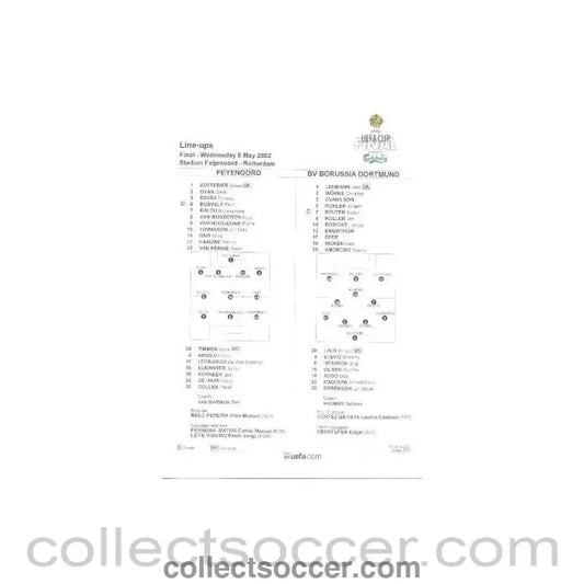 2002 UEFA Cup Final Official Teamsheet Line-Ups Feyenoord v Borussia Dortmund 08/05/2002