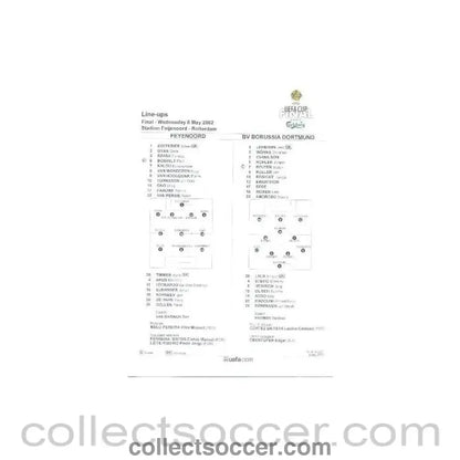 2002 UEFA Cup Final Official Teamsheet Line-Ups Feyenoord v Borussia Dortmund 08/05/2002 - Collect Soccer