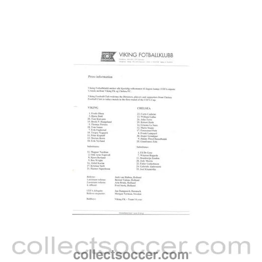 2002 - Viking v Chelsea official teamsheet 03/10/2002 UEFA Cup