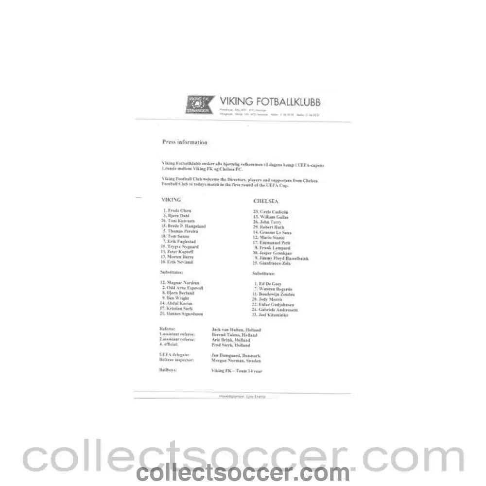 2002 - Viking v Chelsea Press Information 03/10/2002 - Collect Soccer