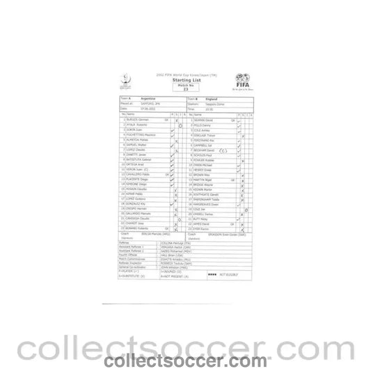 2002 World Cup - Argentina v England 07/06/2002 Starting List