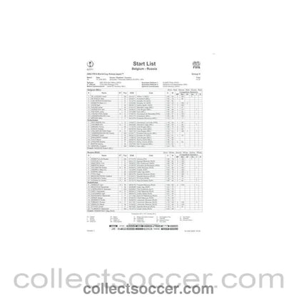 2002 World Cup - Belgium v Russia 14/06/2002 Start List - Collect Soccer