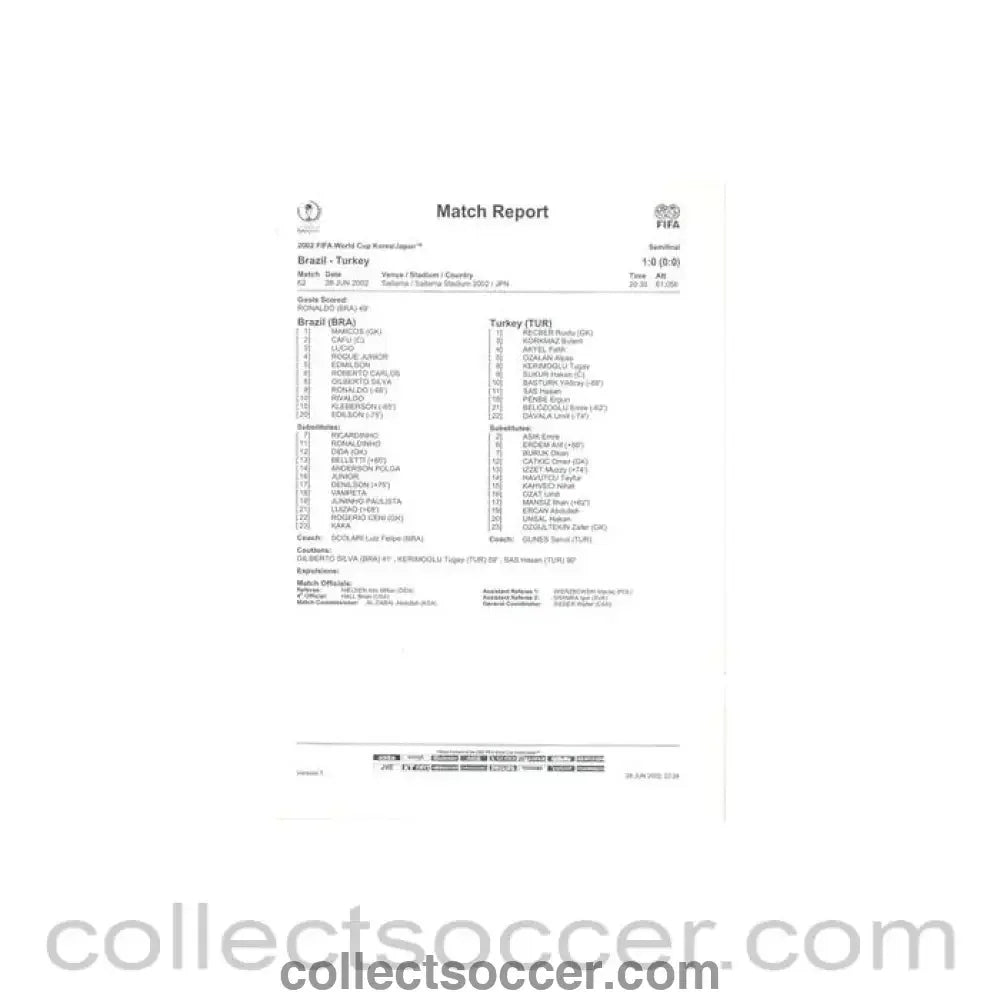 2002 World Cup - Brazil v Turkey 26/06/2002 Match Report & Game Statistics - Collect Soccer