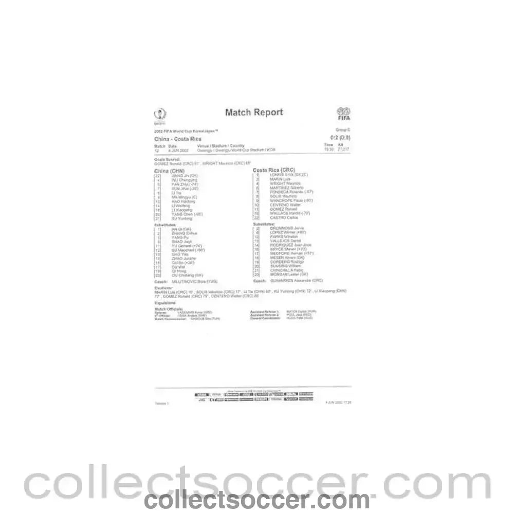2002 World Cup - China v Costa Rica 04/06/2002 Match Report & Game Statistics