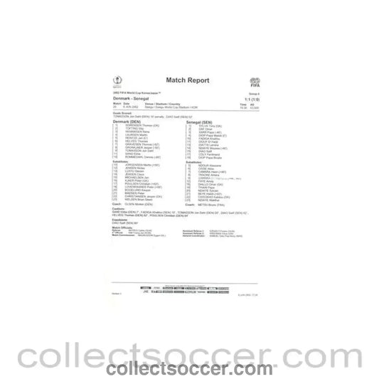 2002 World Cup - Denmark v Senegal 06/06/2002 Match Report & Start List