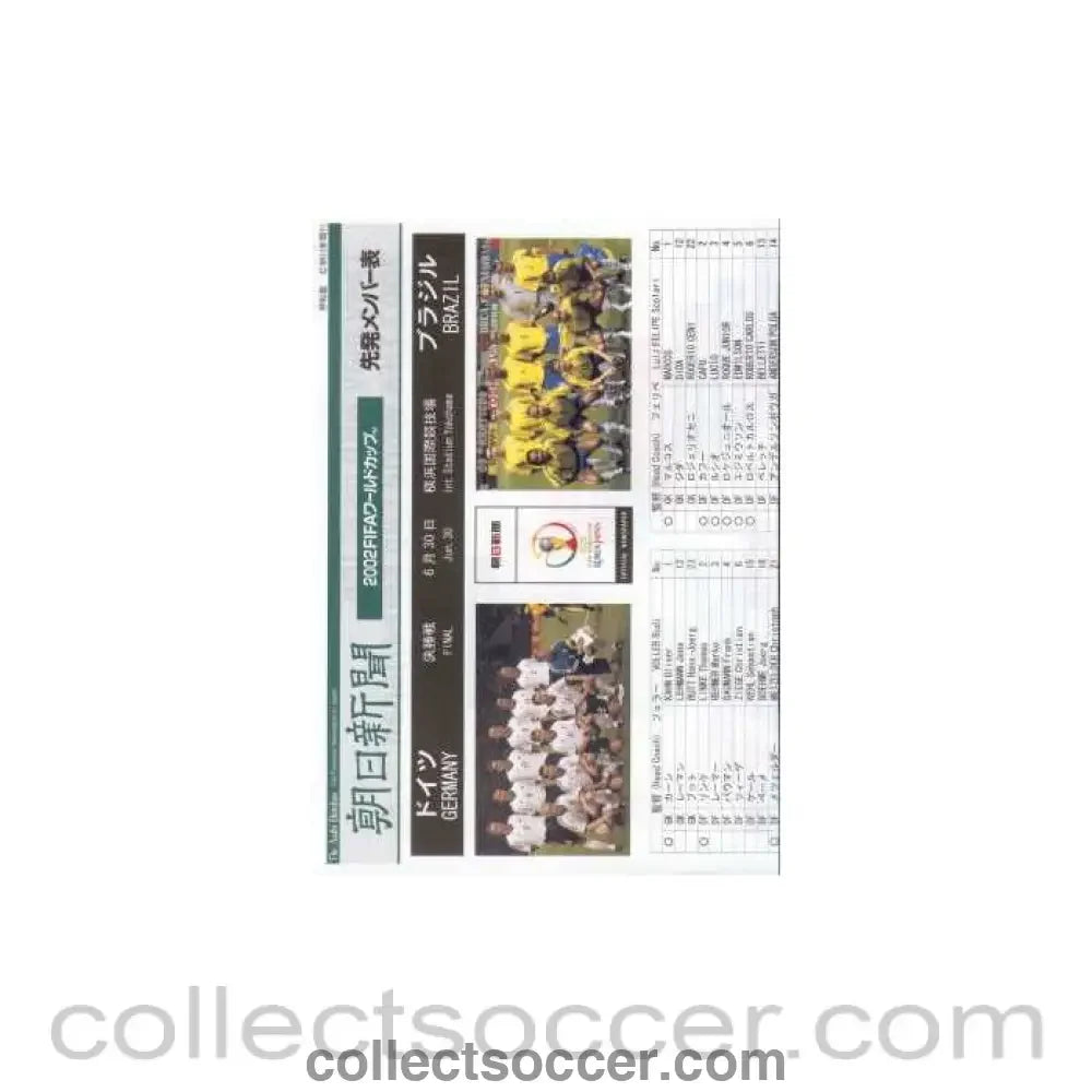 2002 World Cup Final Brazil V Germany Colour Teamsheet/Programme Final
