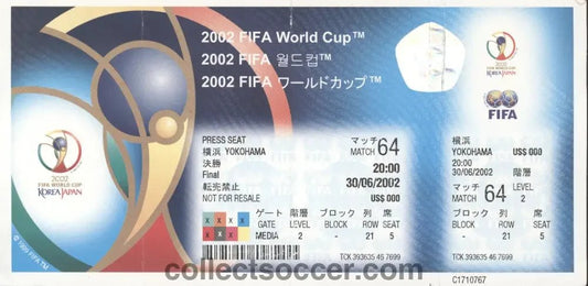 2002 World Cup Final Brazil v Germany Match 64 Unused Media Ticket - Collect Soccer