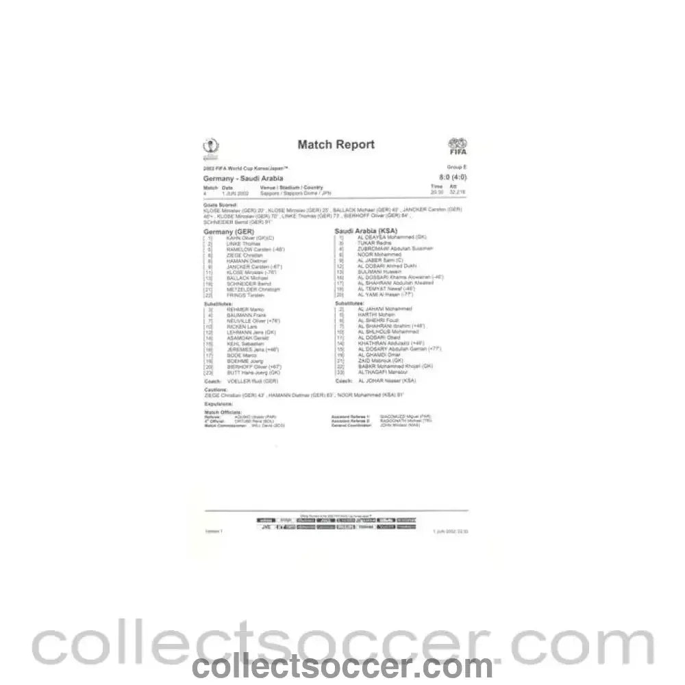 2002 World Cup - Germany v Saudi Arabia 01/06/2002 Match Report & Start List