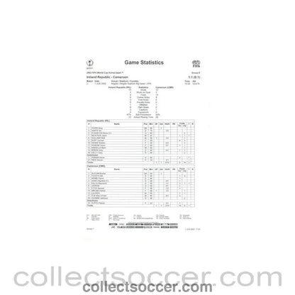 2002 World Cup - Ireland Republic v Cameroon 01/06/2002 Game Statistics - Collect Soccer