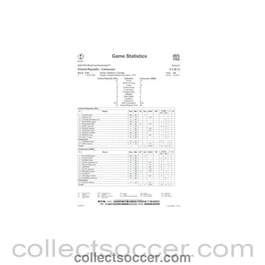 2002 World Cup - Ireland Republic v Cameroon 01/06/2002 Game Statistics - Collect Soccer