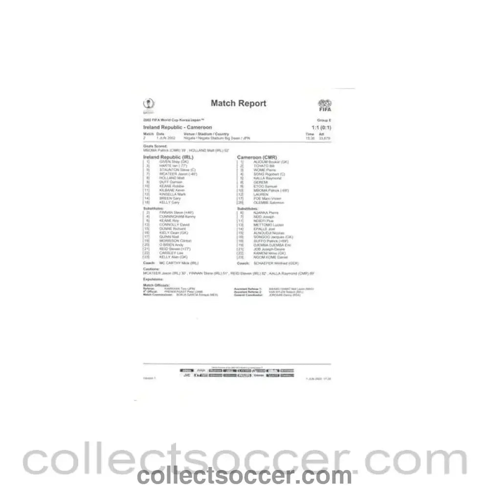 2002 World Cup - Ireland Republic v Cameroon 01/06/2002 Match Report & Start List - Collect Soccer