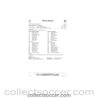 2002 World Cup - Ireland Republic v Cameroon 01/06/2002 Match Report & Start List - Collect Soccer
