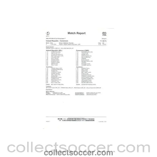 2002 World Cup - Ireland Republic v Cameroon 01/06/2002 Match Report & Start List