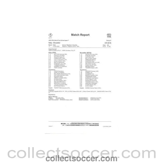 2002 World Cup - Italy v Ecuador 03/06/2002 Match Report & Game Statistics - Collect Soccer