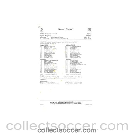 2002 World Cup - Japan v Belgium 04/06/2002 Match Report & Game Statistics, half price - Collect Soccer