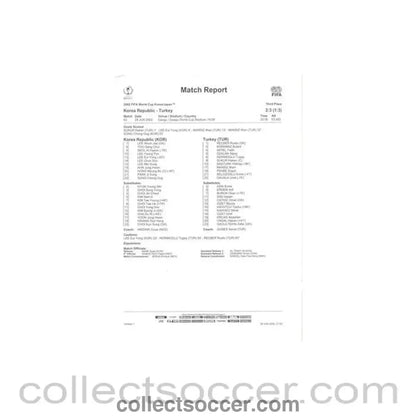 2002 World Cup - Korea Republic v Turkey 29/06/2002 Match Report & Game Statistics - Collect Soccer