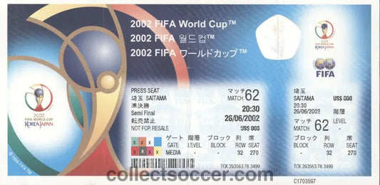 2002 World Cup Match 62 Semi - Final Brazil v Turkey Unused Media Ticket - Collect Soccer