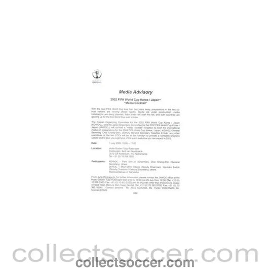 2002 World Cup - Media Advisory for a Media Cocktail - Collect Soccer