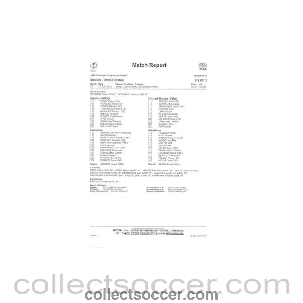 2002 World Cup - Mexico v USA 17/06/2002 Match Report & Game Statistics - Collect Soccer
