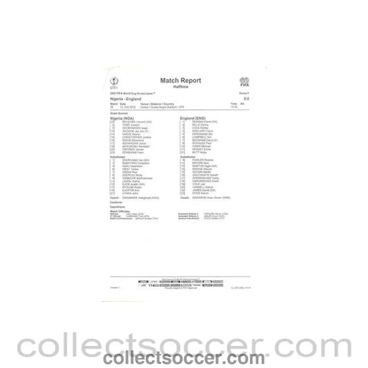2002 World Cup - Nigeria v England 12/06/2002 Match Report & Game Statistics Half Time - Collect Soccer