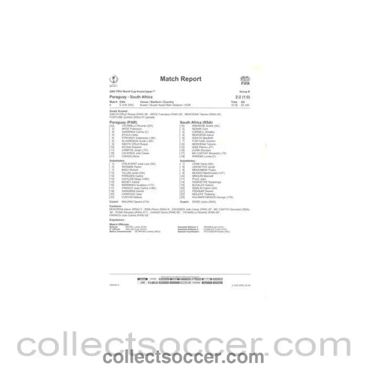 2002 World Cup - Paraguay v South Africa 02/06/2002 Match Report & Game Statistics - Collect Soccer