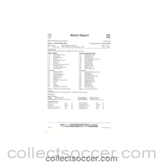 2002 World Cup - Spain v Ireland 16/06/2002 Match Report & Start List