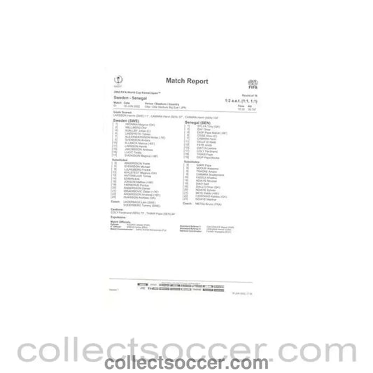 2002 World Cup - Sweden v Senegal 16/06/2002 Match Report & Game Statistics - Collect Soccer