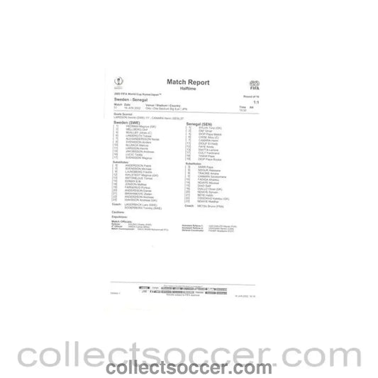 2002 World Cup - Sweden v Senegal 16/06/2002 Match Report & Game Statistics Half Time - Collect Soccer