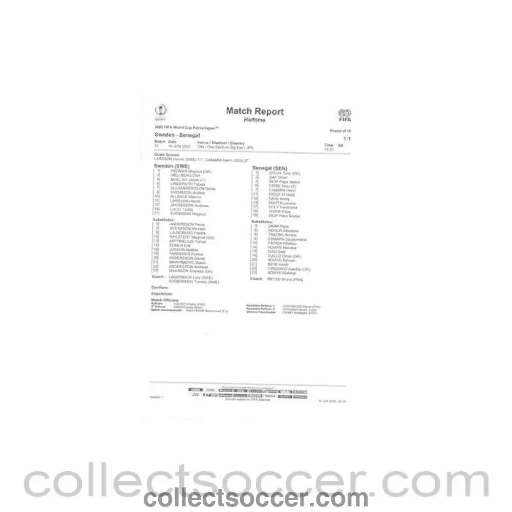 2002 World Cup - Sweden v Senegal 16/06/2002 Match Report & Game Statistics Half Time - Collect Soccer