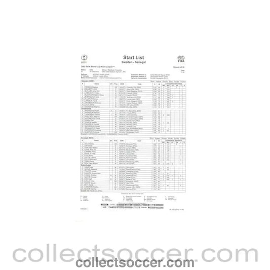 2002 World Cup - Sweden v Senegal 16/06/2002 Start List