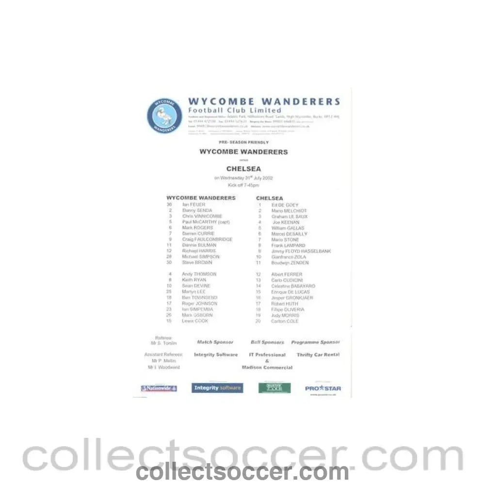2002 - Wycombe Wanderers v Chelsea official colour teamsheet 31/07/2002 Pre - Season Friendly - Collect Soccer
